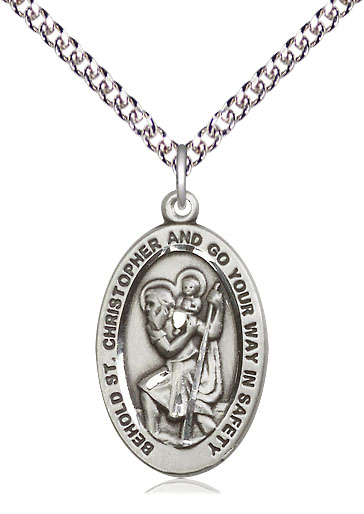 Sterling Silver Saint Christopher Pendant on a 24 inch Sterling Silver Heavy Curb chain