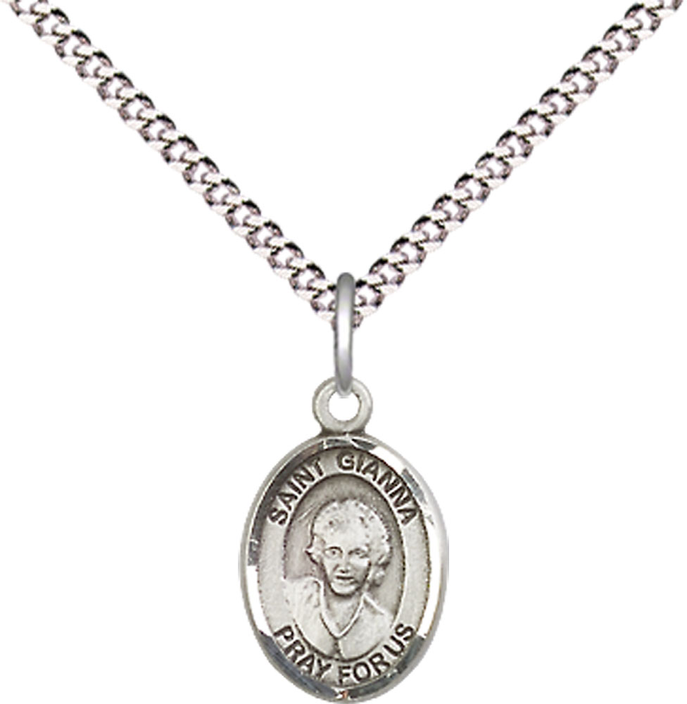 Sterling Silver Saint Gianna Pendant on a 18 inch Light Rhodium Light Curb chain