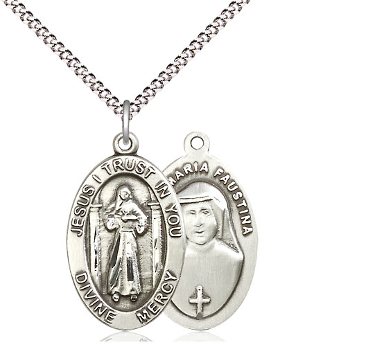 Sterling Silver Divine Mercy Pendant on a 18 inch Light Rhodium Light Curb chain