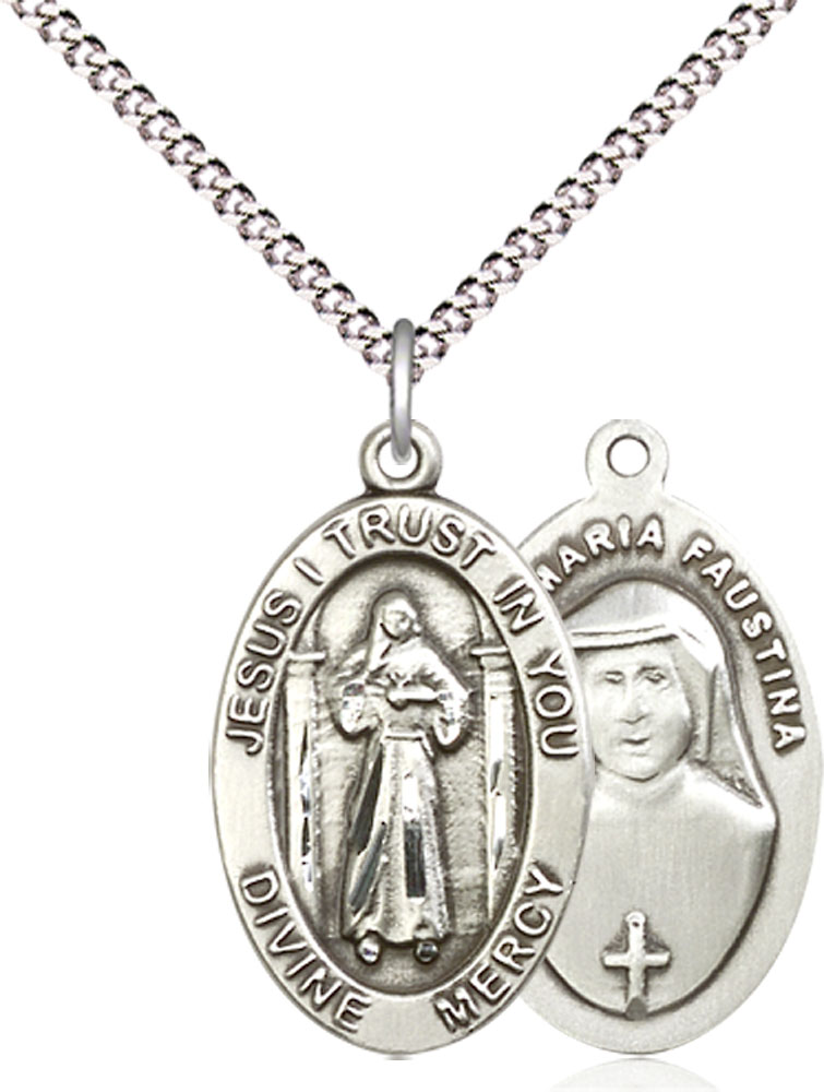 Sterling Silver Divine Mercy Pendant on a 18 inch Light Rhodium Light Curb chain