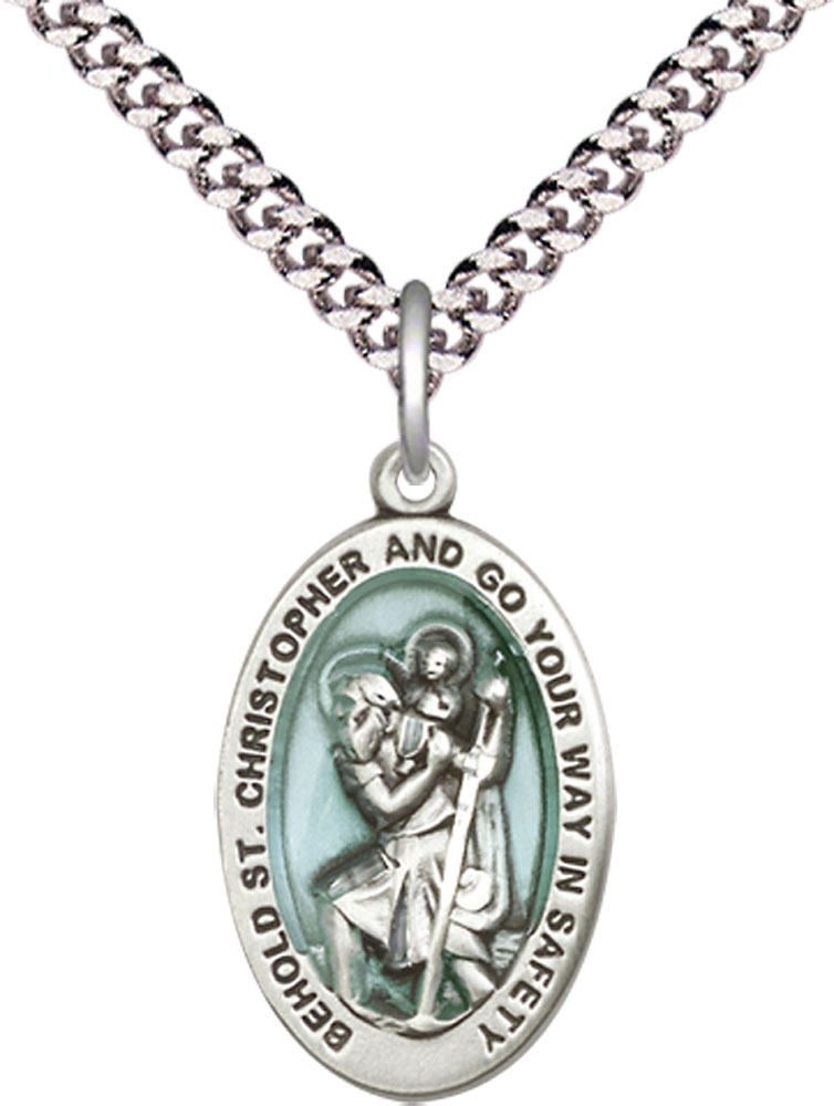Sterling Silver Saint Christopher Pendant on a 24 inch Light Rhodium Heavy Curb chain