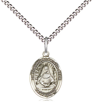 Sterling Silver Saint Edburga of Winchester Pendant on a 18 inch Light Rhodium Light Curb chain