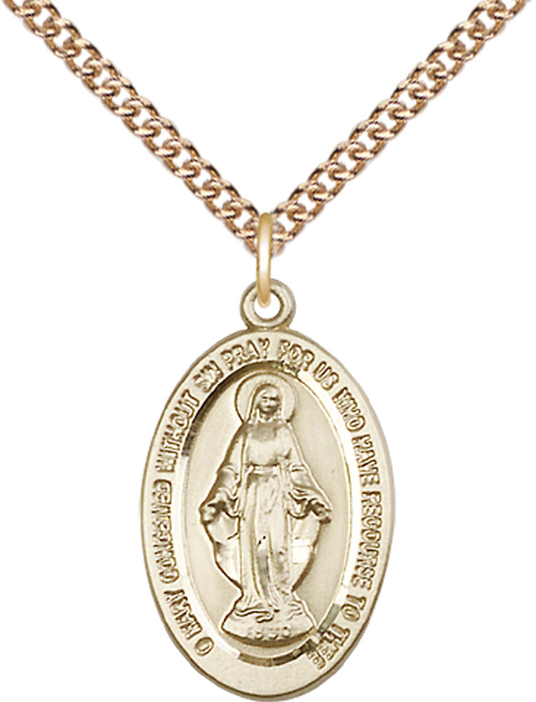 14kt Gold Filled Miraculous Pendant on a 24 inch Gold Filled Heavy Curb chain