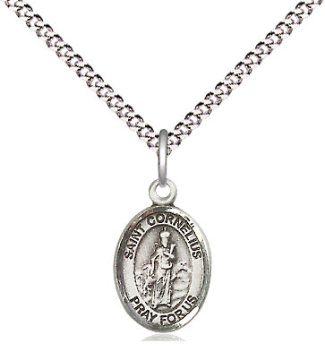 Sterling Silver Saint Cornelius Pendant on a 18 inch Light Rhodium Light Curb chain