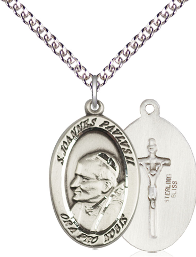 Sterling Silver Saint John Paul II Pendant on a 24 inch Sterling Silver Heavy Curb chain
