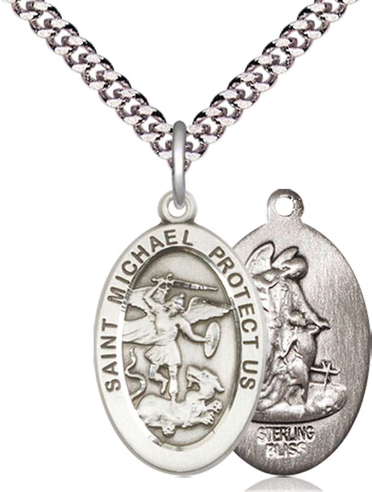 Sterling Silver Saint Michael the Archangel Pendant on a 24 inch Light Rhodium Heavy Curb chain