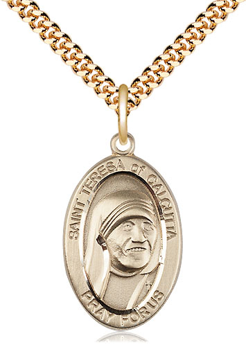 14kt Gold Filled Saint Teresa of Calcutta Pendant on a 24 inch Gold Plate Heavy Curb chain