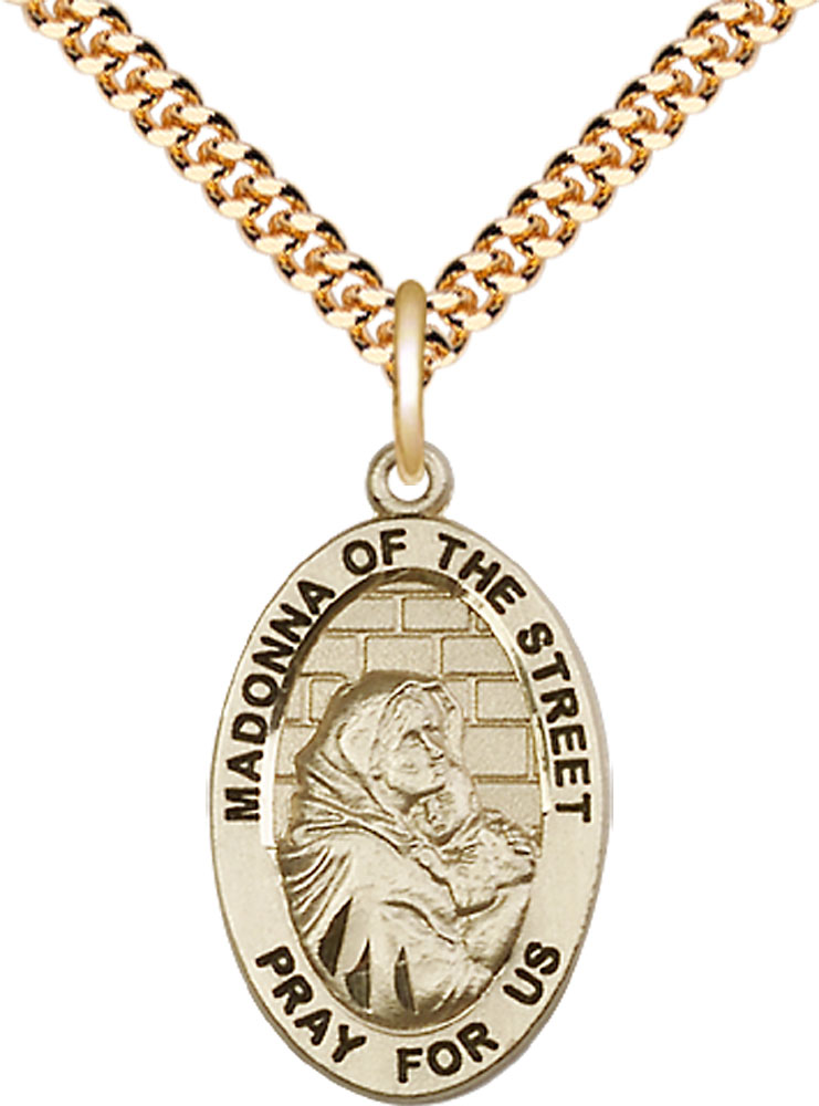 14kt Gold Filled Madonna of the Street Pendant on a 24 inch Gold Plate Heavy Curb chain