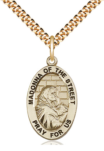 14kt Gold Filled Madonna of the Street Pendant on a 24 inch Gold Plate Heavy Curb chain