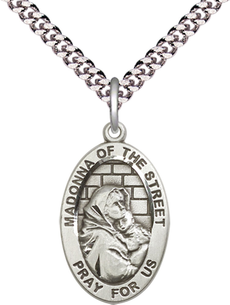 Sterling Silver Madonna of the Street Pendant on a 24 inch Light Rhodium Heavy Curb chain
