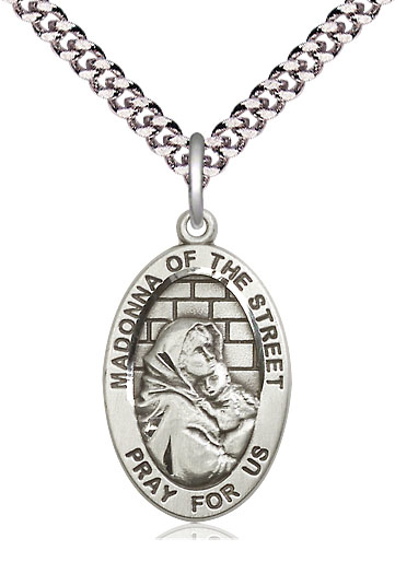 Sterling Silver Madonna of the Street Pendant on a 24 inch Light Rhodium Heavy Curb chain