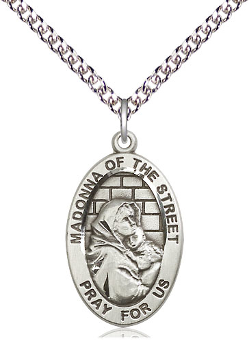 Sterling Silver Madonna of the Street Pendant on a 24 inch Sterling Silver Heavy Curb chain