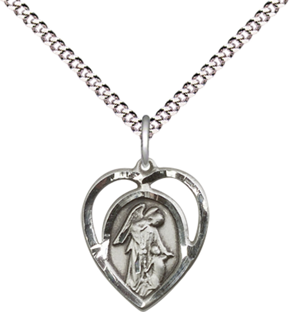 Sterling Silver Guardian Angel Pendant on a 18 inch Light Rhodium Light Curb chain