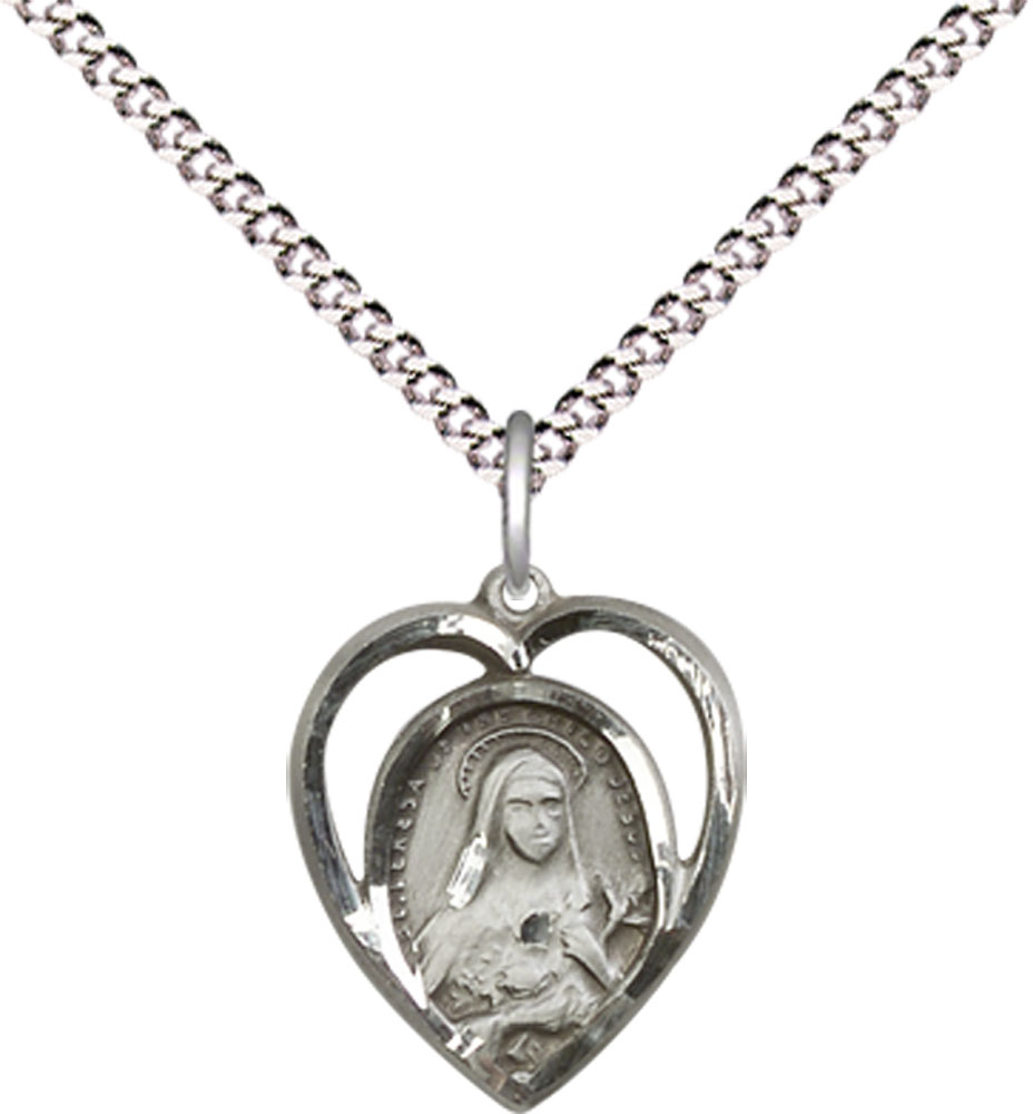 Sterling Silver Saint Theresa Pendant on a 18 inch Light Rhodium Light Curb chain