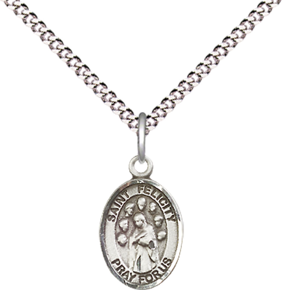 Sterling Silver Saint Felicity Pendant on a 18 inch Light Rhodium Light Curb chain