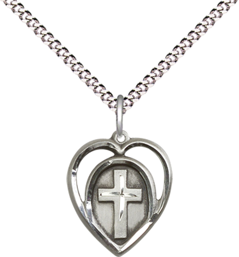 Sterling Silver Heart Cross Pendant on a 18 inch Light Rhodium Light Curb chain