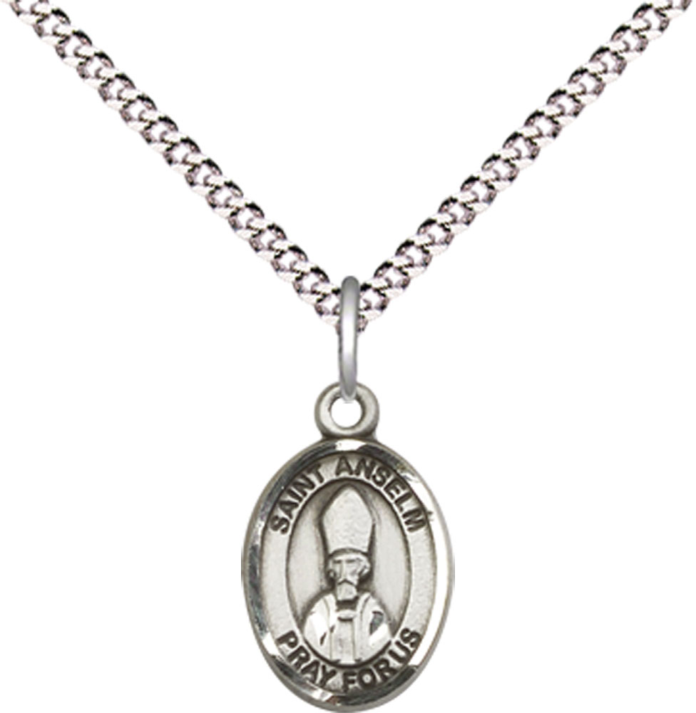 Sterling Silver Saint Anselm of Canterbury Pendant on a 18 inch Light Rhodium Light Curb chain
