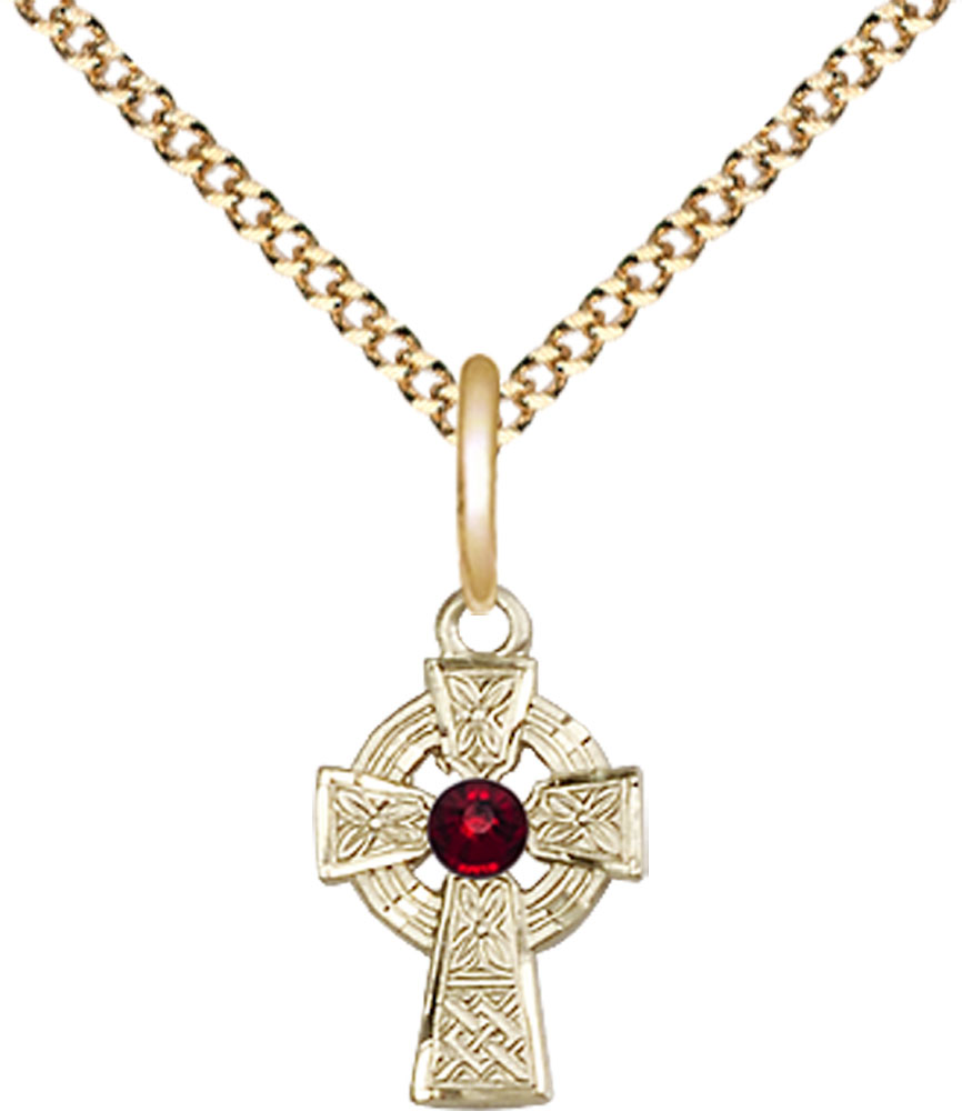 14kt Gold Filled Celtic Cross Pendant with a 3mm Garnet Swarovski stone on a 18 inch Gold Plate Light Curb chain