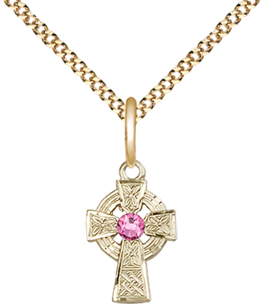 14kt Gold Filled Celtic Cross Pendant with a 3mm Rose Swarovski stone on a 18 inch Gold Plate Light Curb chain