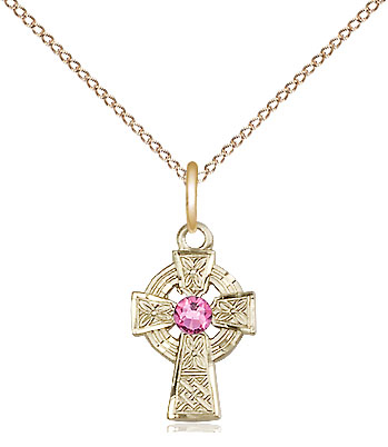 14kt Gold Filled Celtic Cross Pendant with a 3mm Rose Swarovski stone on a 18 inch Gold Filled Light Curb chain