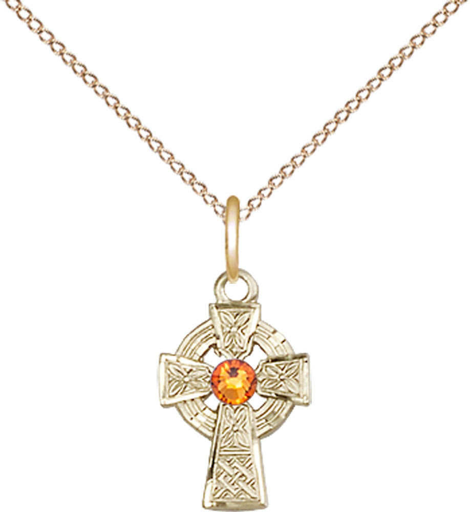 14kt Gold Filled Celtic Cross Pendant with a 3mm Topaz Swarovski stone on a 18 inch Gold Filled Light Curb chain