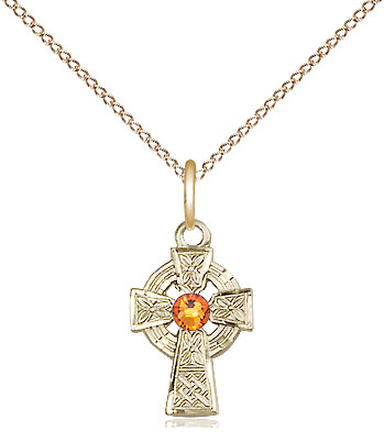 14kt Gold Filled Celtic Cross Pendant with a 3mm Topaz Swarovski stone on a 18 inch Gold Filled Light Curb chain