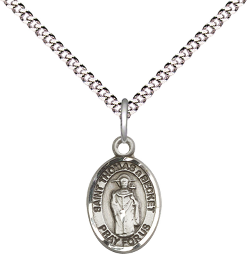 Sterling Silver Saint Thomas A Becket Pendant on a 18 inch Light Rhodium Light Curb chain