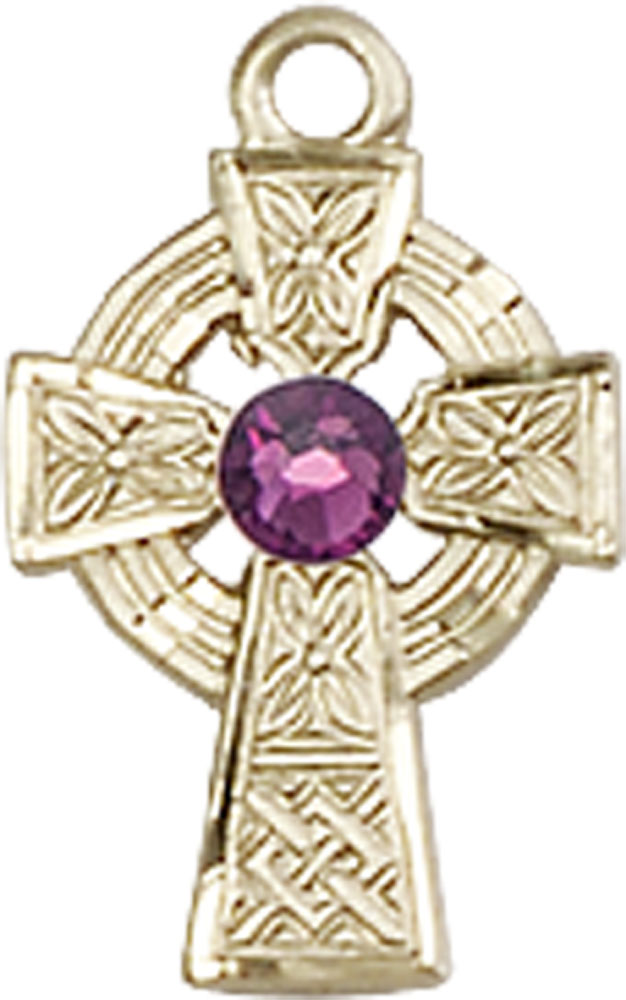 14kt Gold Filled Celtic Cross Medal with a 3mm Amethyst Swarovski stone