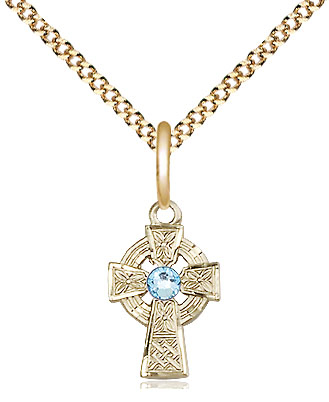 14kt Gold Filled Celtic Cross Pendant with a 3mm Aqua Swarovski stone on a 18 inch Gold Plate Light Curb chain