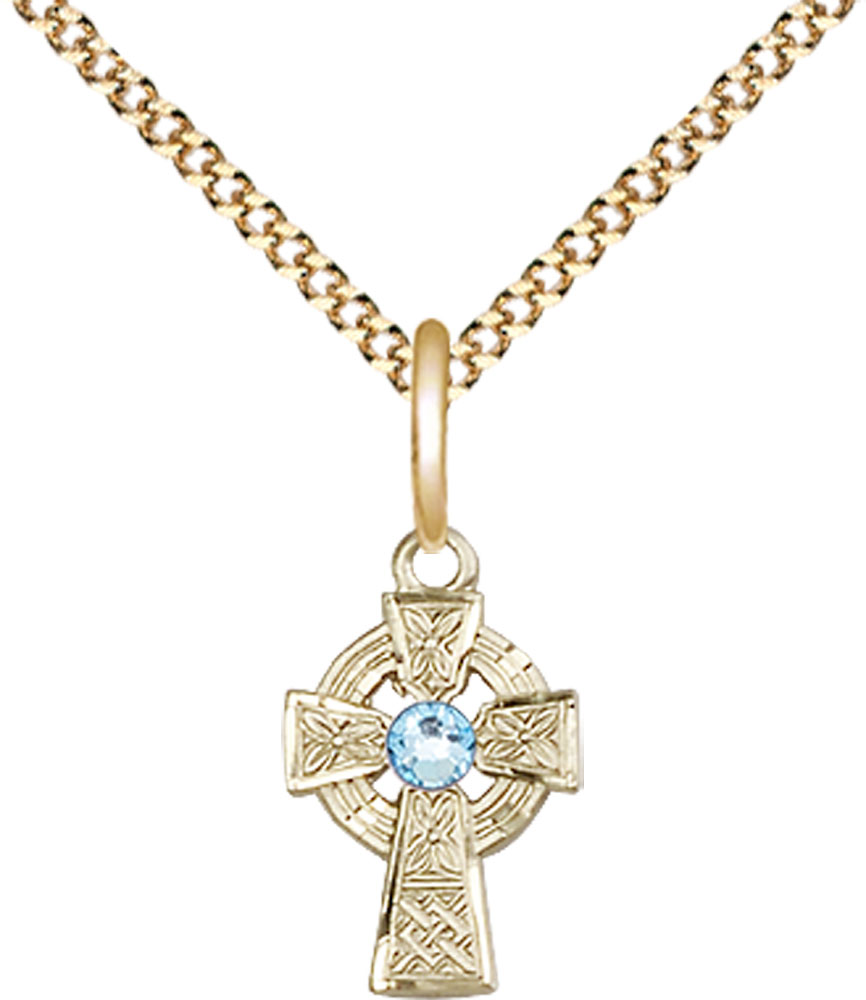 14kt Gold Filled Celtic Cross Pendant with a 3mm Aqua Swarovski stone on a 18 inch Gold Plate Light Curb chain