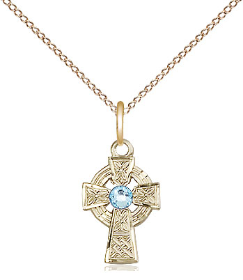 14kt Gold Filled Celtic Cross Pendant with a 3mm Aqua Swarovski stone on a 18 inch Gold Filled Light Curb chain