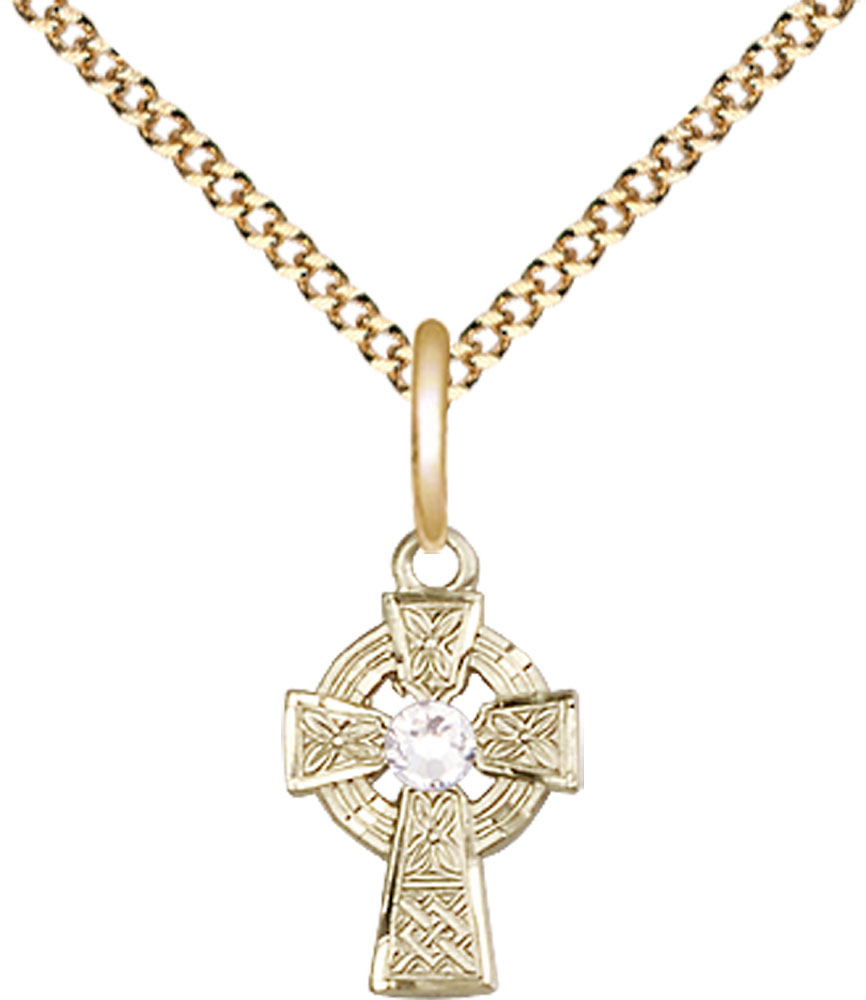 14kt Gold Filled Celtic Cross Pendant with a 3mm Crystal Swarovski stone on a 18 inch Gold Plate Light Curb chain