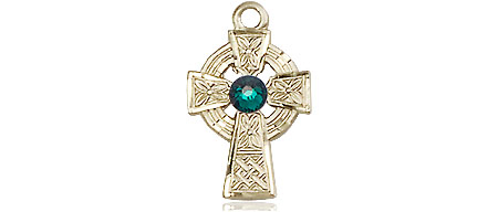 14kt Gold Filled Celtic Cross Medal with a 3mm Emerald Swarovski stone