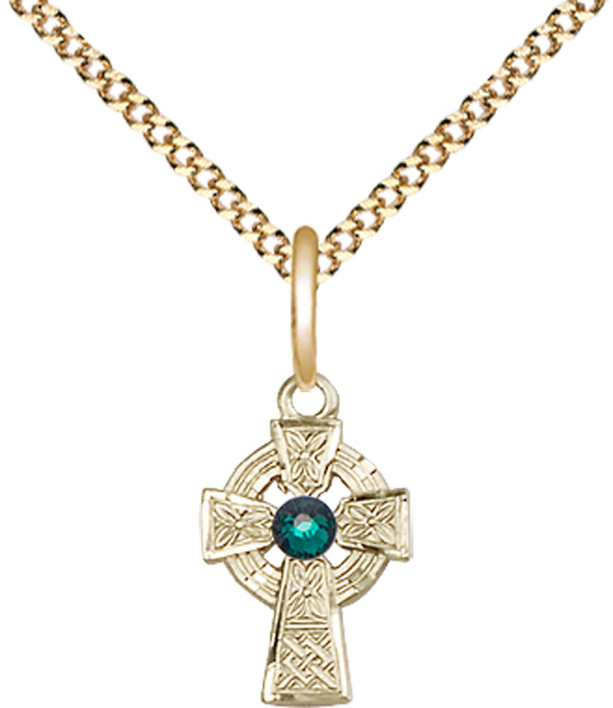 14kt Gold Filled Celtic Cross Pendant with a 3mm Emerald Swarovski stone on a 18 inch Gold Plate Light Curb chain