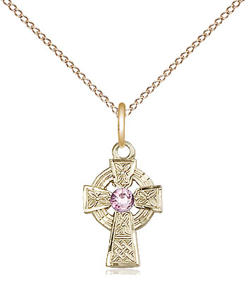 14kt Gold Filled Celtic Cross Pendant with a 3mm Light Amethyst Swarovski stone on a 18 inch Gold Filled Light Curb chain