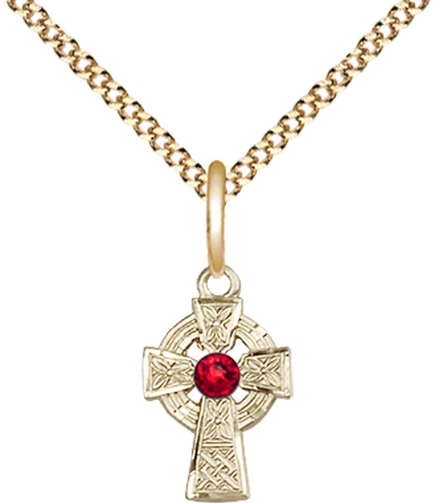 14kt Gold Filled Celtic Cross Pendant with a 3mm Ruby Swarovski stone on a 18 inch Gold Plate Light Curb chain