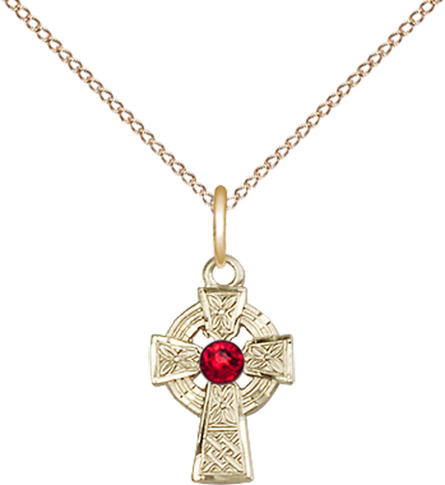 14kt Gold Filled Celtic Cross Pendant with a 3mm Ruby Swarovski stone on a 18 inch Gold Filled Light Curb chain