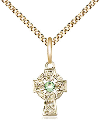 14kt Gold Filled Celtic Cross Pendant with a 3mm Peridot Swarovski stone on a 18 inch Gold Plate Light Curb chain