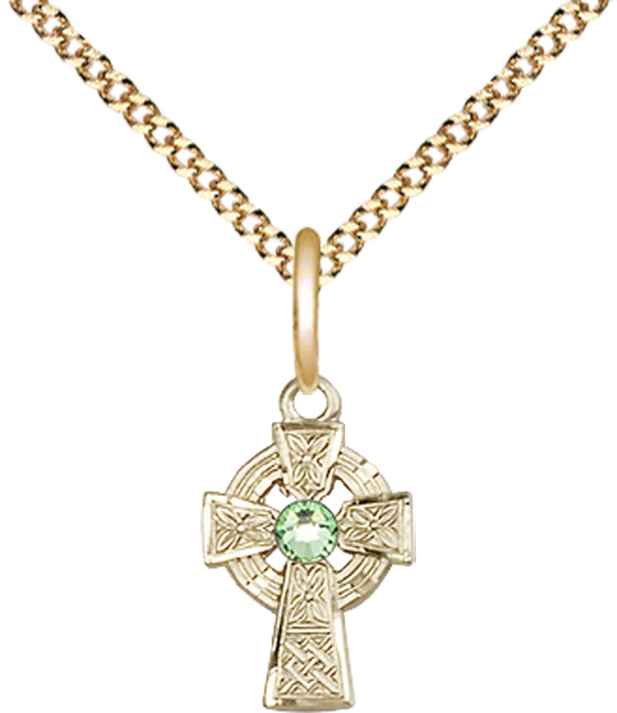 14kt Gold Filled Celtic Cross Pendant with a 3mm Peridot Swarovski stone on a 18 inch Gold Plate Light Curb chain