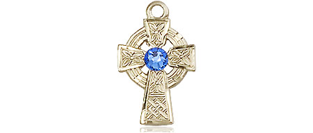 14kt Gold Filled Celtic Cross Medal with a 3mm Sapphire Swarovski stone