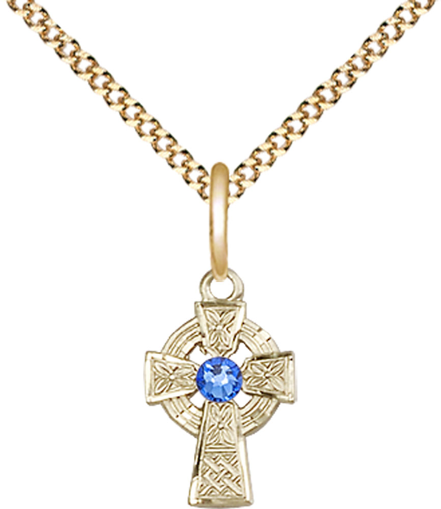14kt Gold Filled Celtic Cross Pendant with a 3mm Sapphire Swarovski stone on a 18 inch Gold Plate Light Curb chain