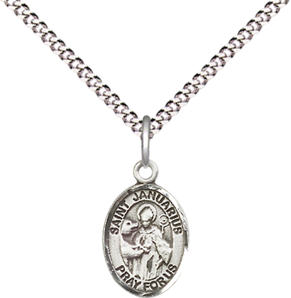 Sterling Silver Saint Januarius Pendant on a 18 inch Light Rhodium Light Curb chain