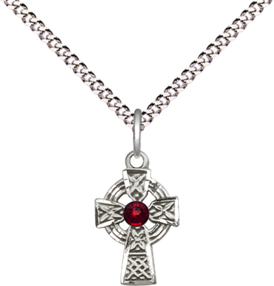 Sterling Silver Celtic Cross Pendant with a 3mm Garnet Swarovski stone on a 18 inch Light Rhodium Light Curb chain