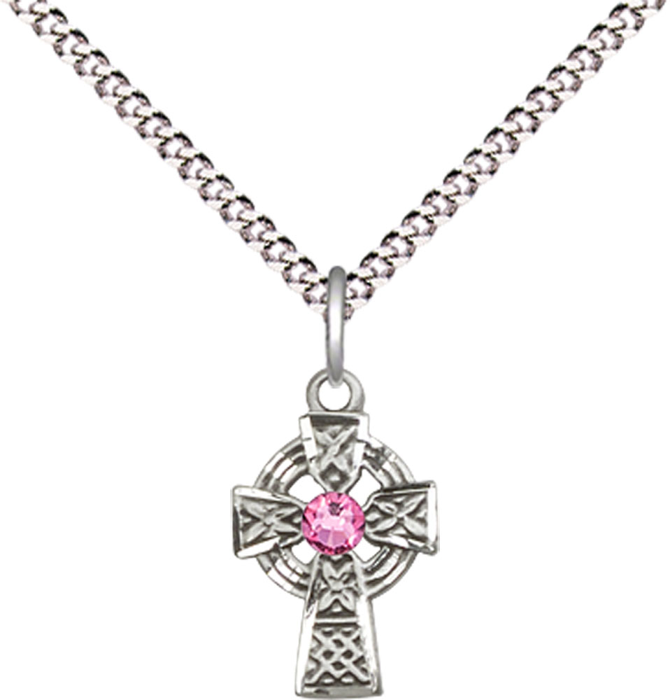 Sterling Silver Celtic Cross Pendant with a 3mm Rose Swarovski stone on a 18 inch Light Rhodium Light Curb chain