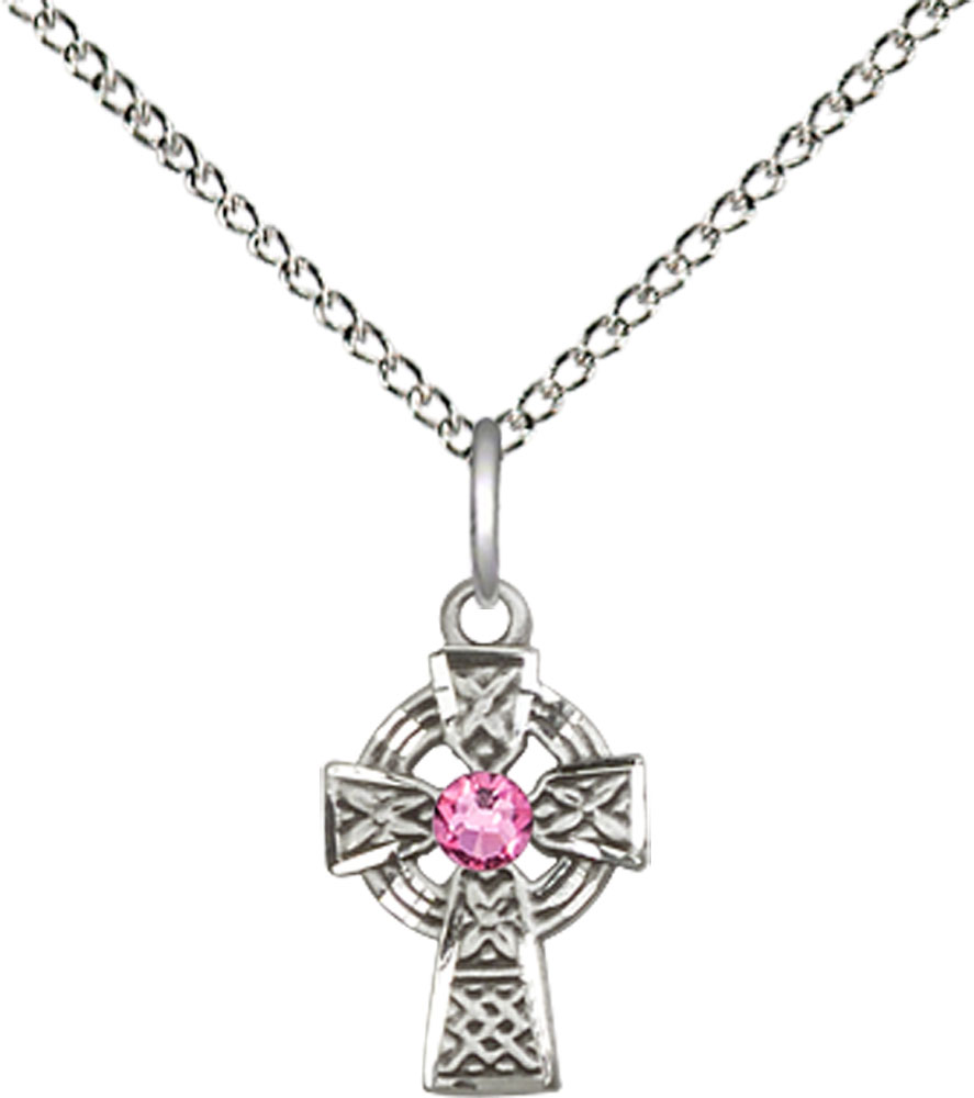 Sterling Silver Celtic Cross Pendant with a 3mm Rose Swarovski stone on a 18 inch Sterling Silver Light Curb chain