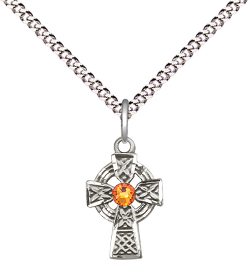 Sterling Silver Celtic Cross Pendant with a 3mm Topaz Swarovski stone on a 18 inch Light Rhodium Light Curb chain