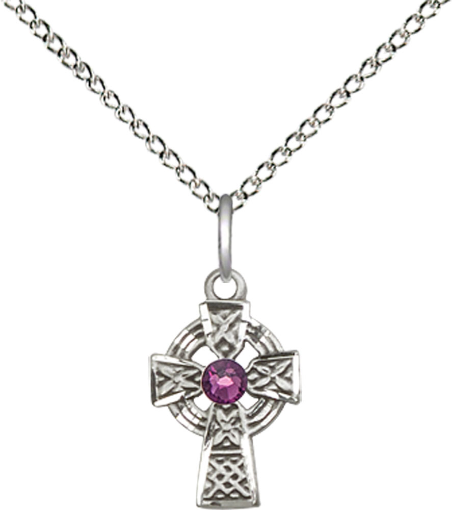 Sterling Silver Celtic Cross Pendant with a 3mm Amethyst Swarovski stone on a 18 inch Sterling Silver Light Curb chain