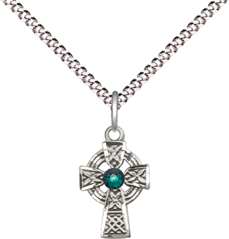 Sterling Silver Celtic Cross Pendant with a 3mm Emerald Swarovski stone on a 18 inch Light Rhodium Light Curb chain