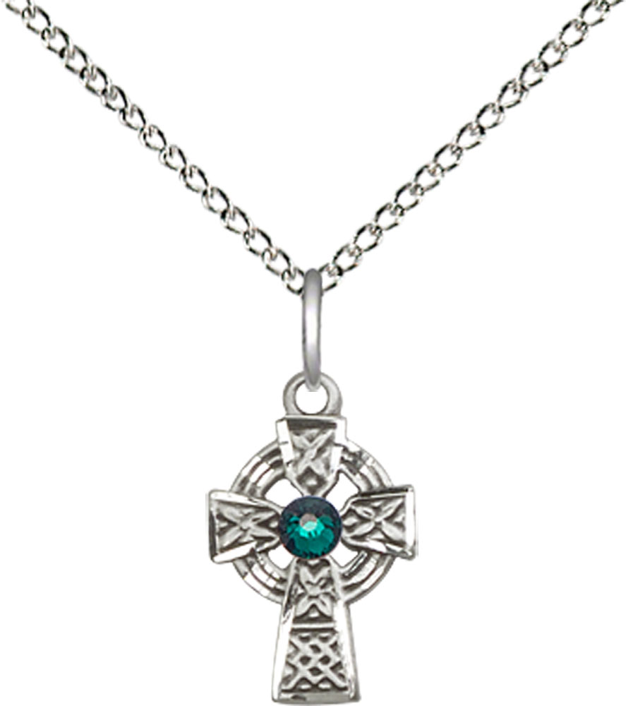 Sterling Silver Celtic Cross Pendant with a 3mm Emerald Swarovski stone on a 18 inch Sterling Silver Light Curb chain
