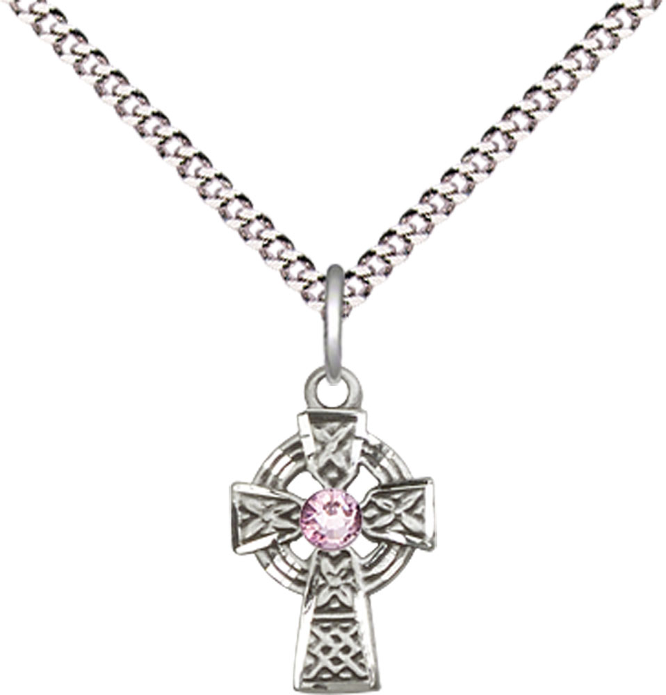 Sterling Silver Celtic Cross Pendant with a 3mm Light Amethyst Swarovski stone on a 18 inch Light Rhodium Light Curb chain